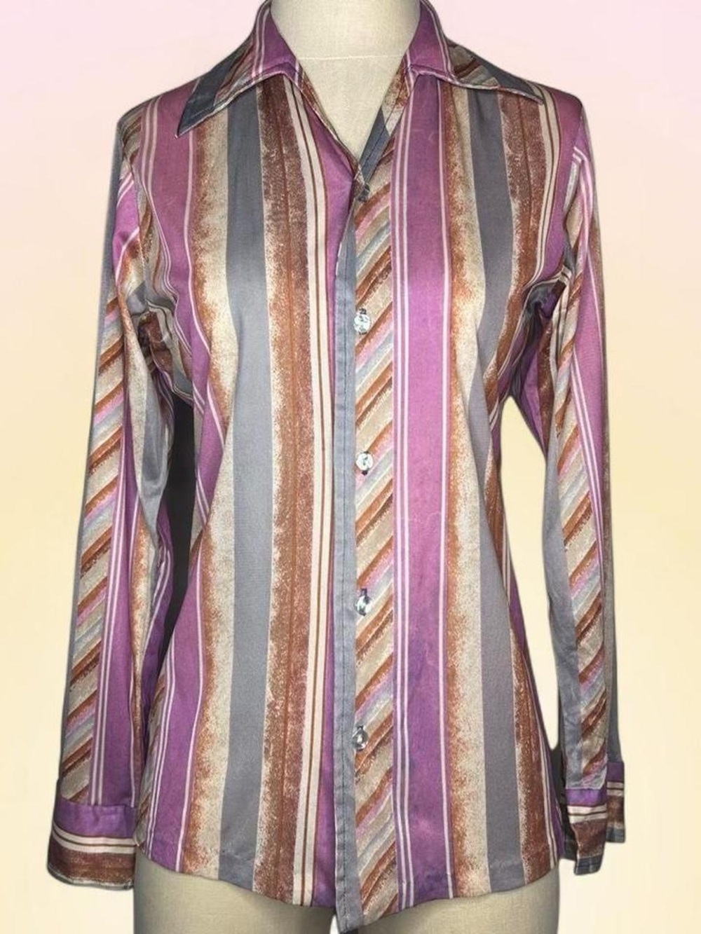 Vintage 70s Striped Long-Sleeve Button-Front Blouse